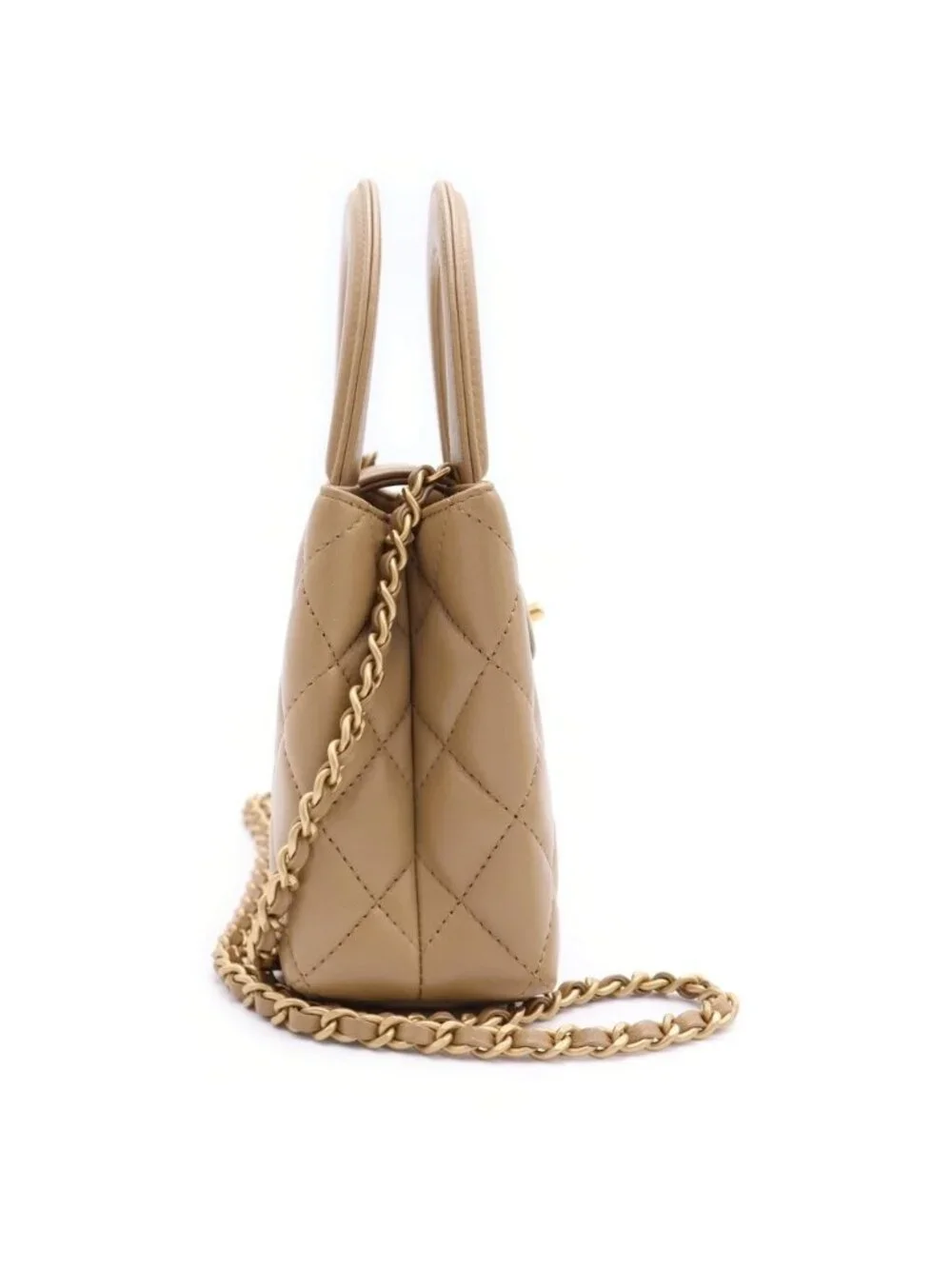 Chanel Quilted Mini Shopping Lambskin Gold Chain Shoulder Bag Plate Beige